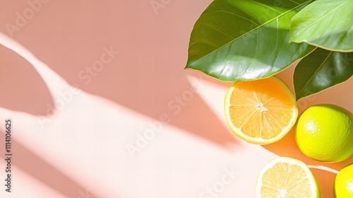 Fresh citrus and green leaves on pink surface with bright sunlight photo