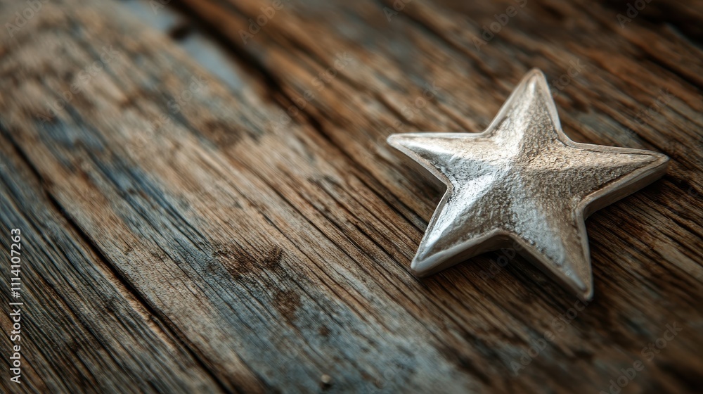 Shiny silver star resting on rustic wood surface, ideal for decorative purposes, copy space Shiny silver star resting on rustic wood surface, ideal for decorative purposes, copy space