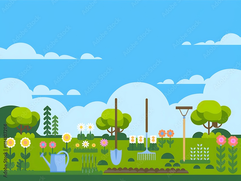 Naklejka premium Colorful Garden Scene With Gardening Tools And Flowers