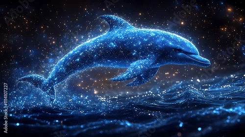 Fototapeta samoprzylepna A shining dolphin formed from shimmering blue stardust leaping through a cosmic ocean