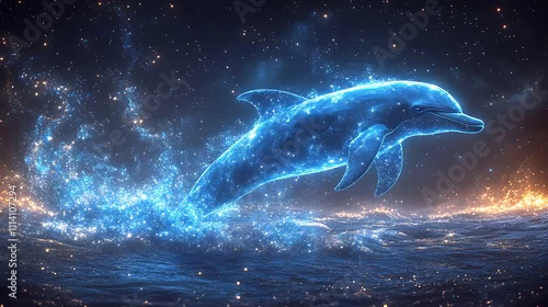 Fototapeta samoprzylepna A shining dolphin formed from shimmering blue stardust leaping through a cosmic ocean