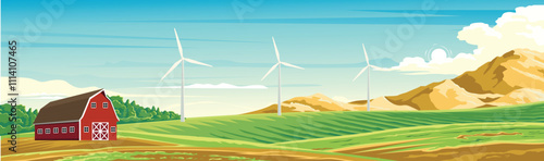 A red barn stands majestically in the middle of green fields with wind turbines and mountains in the background.