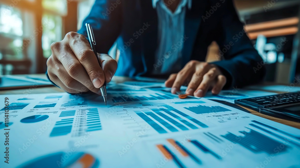 Businessman analyzing financial data and drawing a growth graph, illustrating business strategy and progress on a blue background. Businessman analyzing financial data and drawing a growth graph, illustrating business strategy and progress on a blue background.
