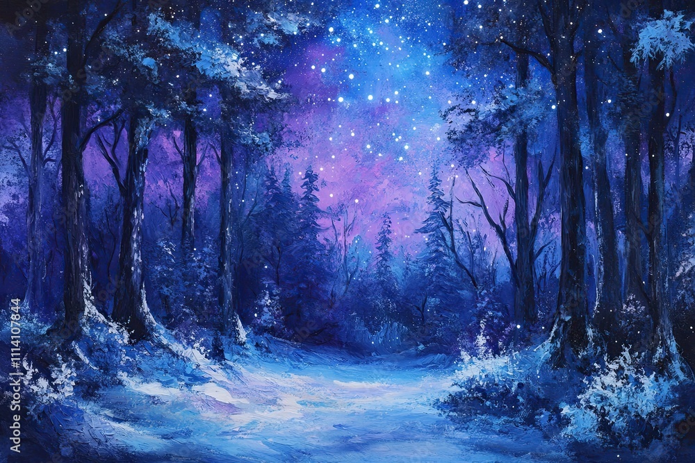 Fairytale forest covered with snow in the moonlight Milky Way in the starry sky. Fairytale forest covered with snow in the moonlight Milky Way in the starry sky.