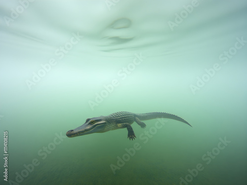 A cute crocodile swimming in the ocean, Portra 400, wide-angle shot, majestic fog photo