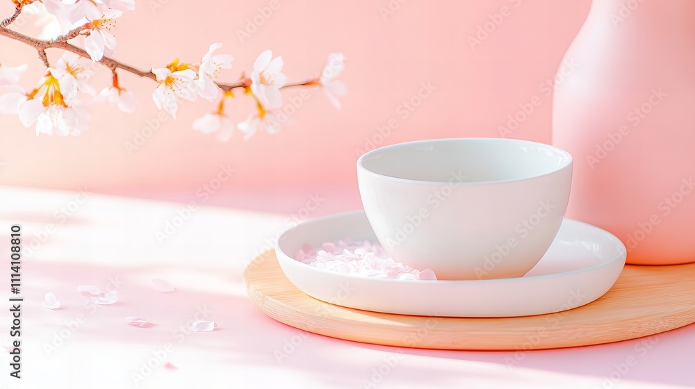 Serene pink table setting with blossoms and white ceramics Serene pink table setting with blossoms and white ceramics