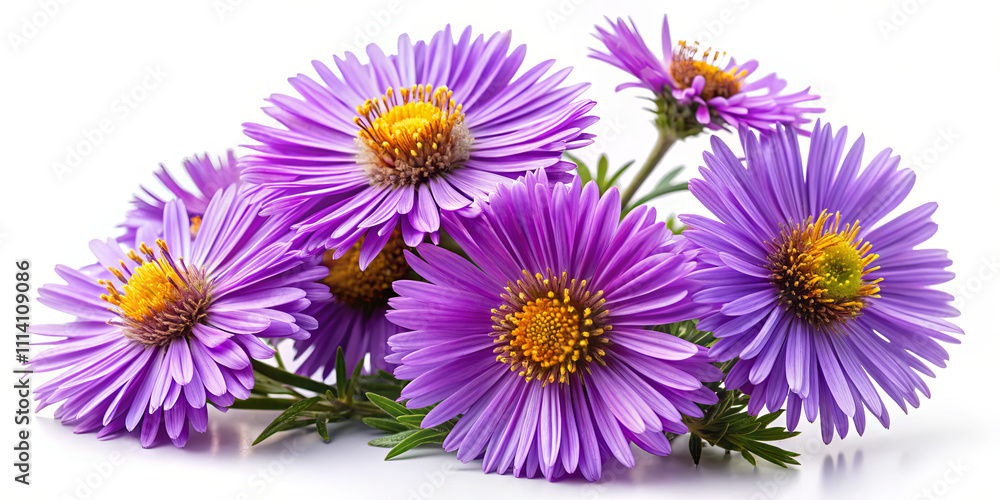A vibrant cluster of purple asters with bright yellow centers is arranged on a clean white background, ideal for spring decoration or floral arrangements, highlighting their natural beauty A vibrant cluster of purple asters with bright yellow centers is arranged on a clean white background, ideal for spring decoration or floral arrangements, highlighting their natural beauty