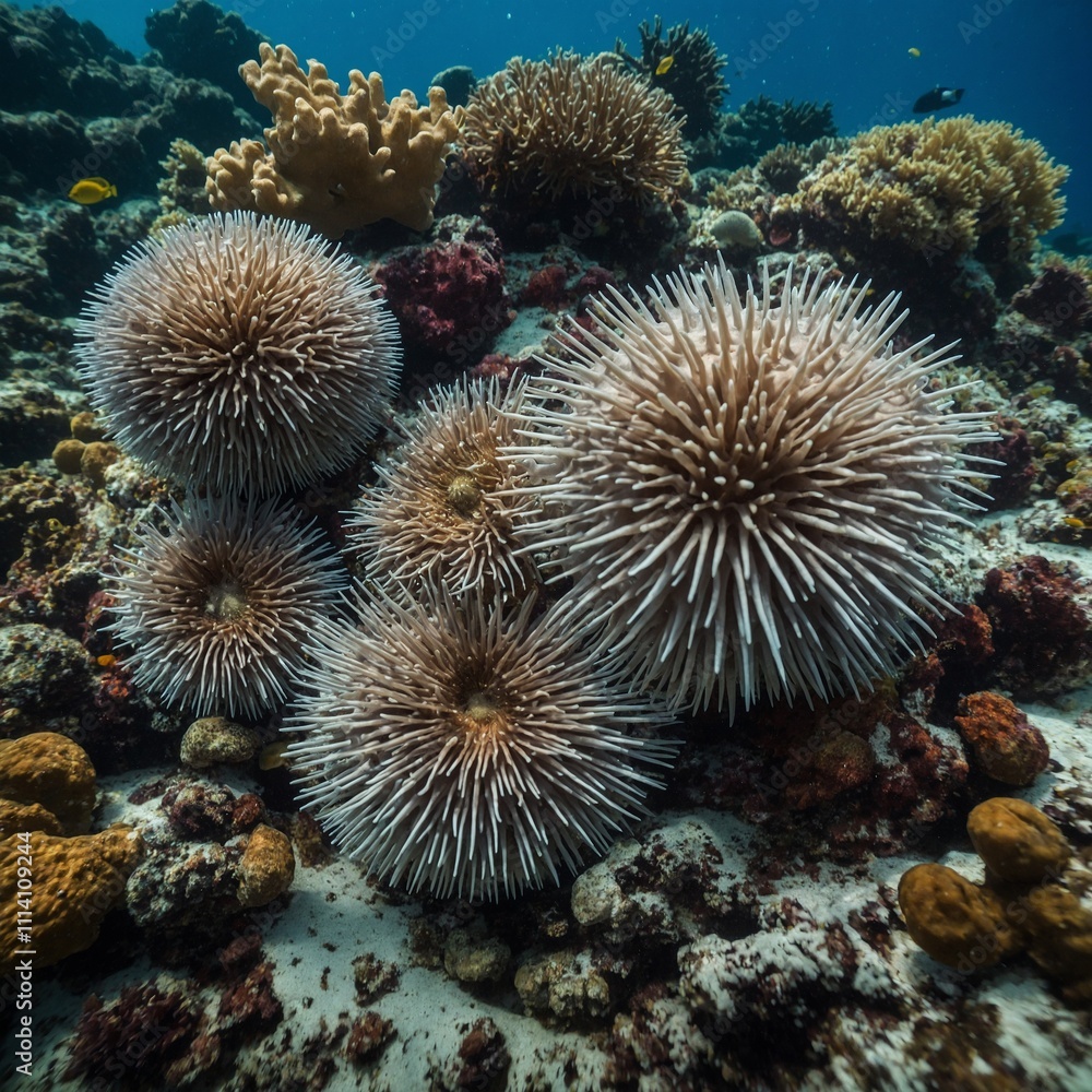 A group of sea urchins clinging to coral. A group of sea urchins clinging to coral.