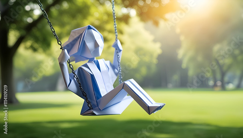 Macro view of an origami girl riding a swing, intricately folded paper against a natural background of a lush park with trees and soft sunlight.