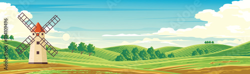 Traditional windmills stand on rolling green hills.