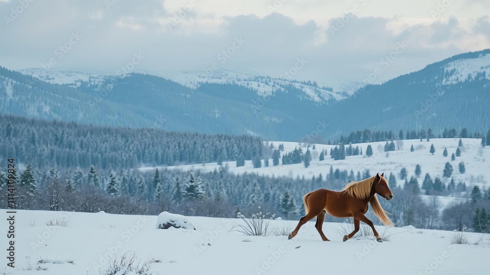 Brown horse running through snowy winter landscape with barren trees and snow-covered mountains in the background, snowy, wild Brown horse running through snowy winter landscape with barren trees and snow-covered mountains in the background, snowy, wild