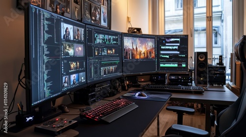 Modern Tech Workstation with Multiple Monitors