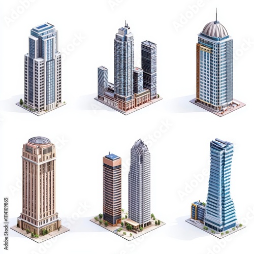 sometric skyscrapers buildings collection. Set of business office and commercial towers isolated on white background. City development in 3D design. photo