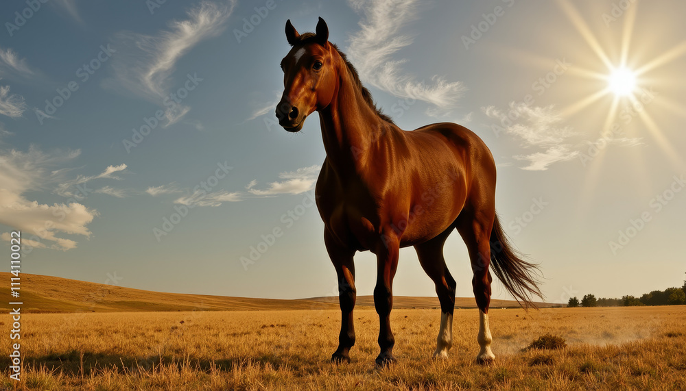 Majestic horse stands proudly in the golden field under a bright sun, capturing the essence of nature's beauty at dusk Majestic horse stands proudly in the golden field under a bright sun, capturing the essence of nature's beauty at dusk