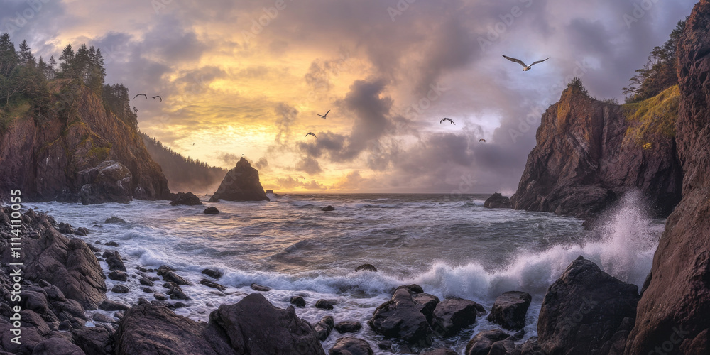 Obraz premium A dramatic coastline at sunrise, with steep cliffs dropping into the ocean, waves crashing against the rocks, and seagulls soaring in the glowing sky. The majestic and wild setting feels invigorating.