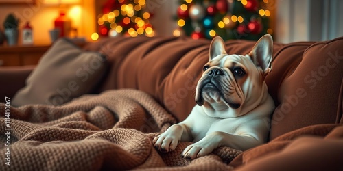 Bulldog snuggled on couch watching Christmas movies, festive pet, cozy holiday vibes, festive, couch photo