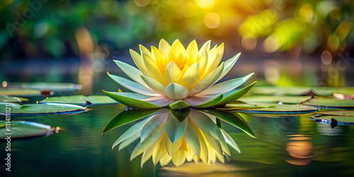 Cuadro en lienzo A stunning yellow water lily opens its petals amidst tranquil water, perfectly reflecting its image
