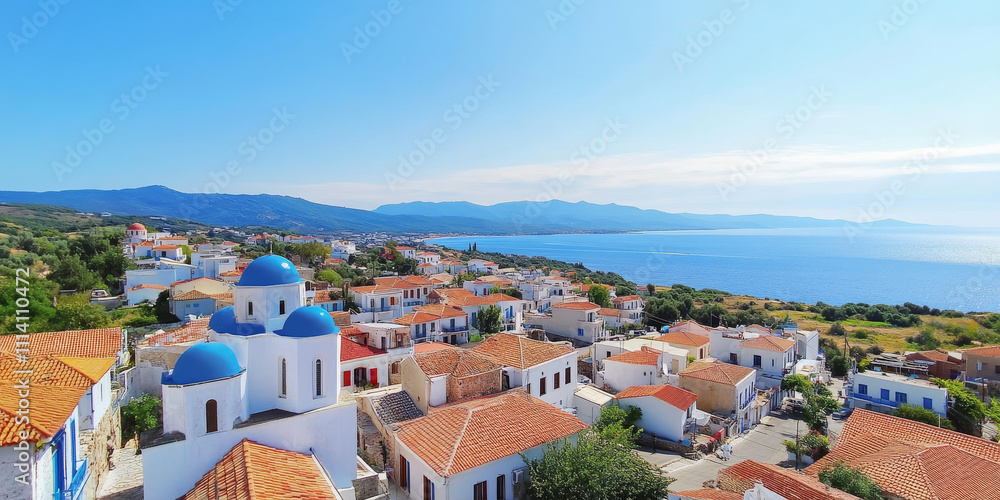 A vibrant Greek island village with whitewashed buildings, blue-domed churches, and a stunning view of the Aegean Sea under a clear blue sky. The picturesque setting feels idyllic. A vibrant Greek island village with whitewashed buildings, blue-domed churches, and a stunning view of the Aegean Sea under a clear blue sky. The picturesque setting feels idyllic.