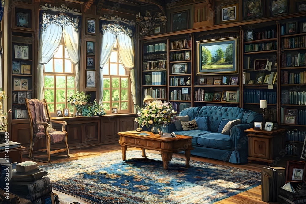 Cozy modern room with a fireplace, during evening, anime style Cozy modern room with a fireplace, during evening, anime style