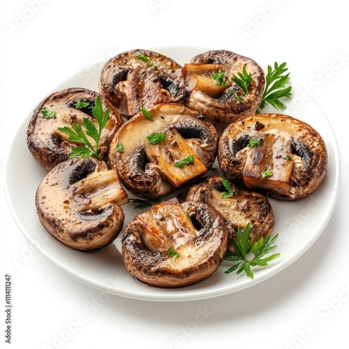 Grilled mushrooms, prepared for consumption, isolated on a white backdrop.