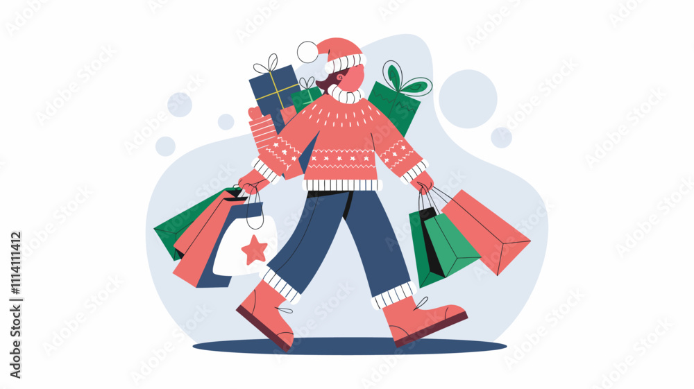 Obraz premium A cheerful person wearing a cozy winter outfit, carrying multiple shopping bags filled with wrapped Christmas gifts.