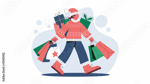 A cheerful person wearing a cozy winter outfit, carrying multiple shopping bags filled with wrapped Christmas gifts.