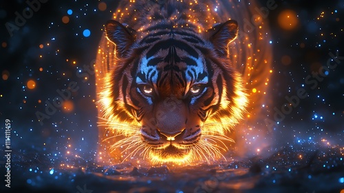 A celestial tiger prowling through a radiant starry field of glowing blue particles