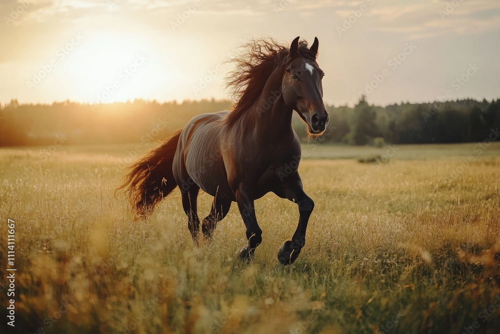 Fototapeta premium Friesian horse galloping in a field with autumn colors