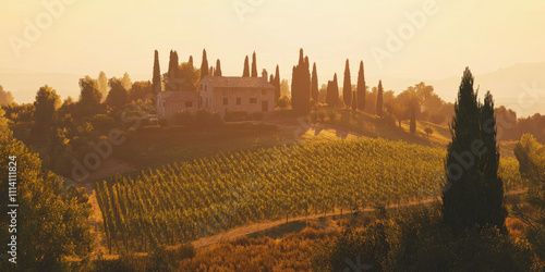 A serene Italian countryside, with rolling hills covered in vineyards, a rustic farmhouse surrounded by cypress trees, and the golden light of sunset casting a warm glow. The idyllic and charming