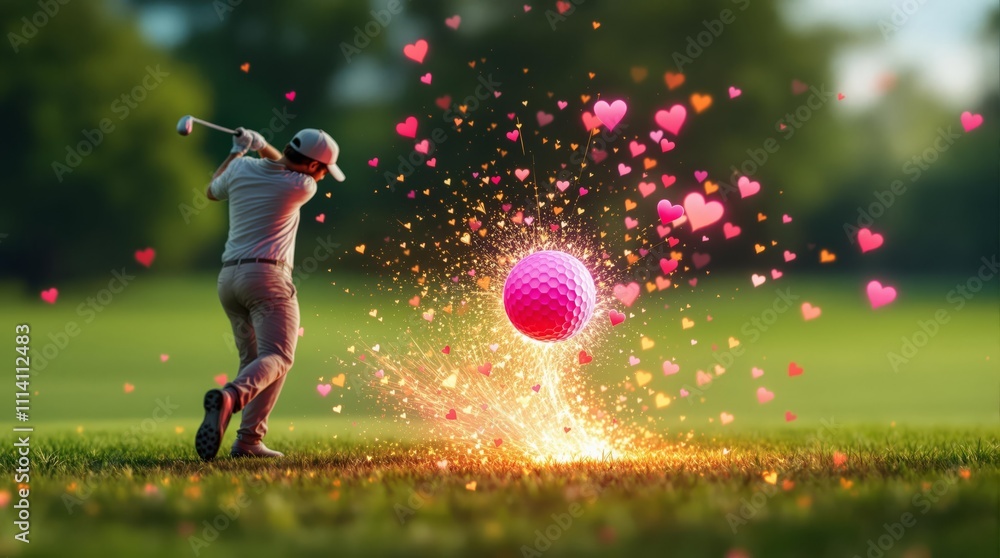 Valentine's Day Golf Swing. A golfer hits a pink golf ball, creating a burst of hearts and sparkles, symbolizing love and passion for the sport.