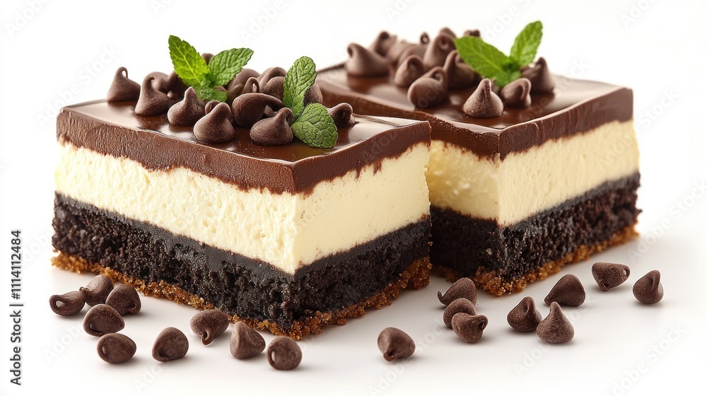 Indulgent dessert features rich layers of chocolate and cream, topped with mint and chocolate chips Indulgent dessert features rich layers of chocolate and cream, topped with mint and chocolate chips