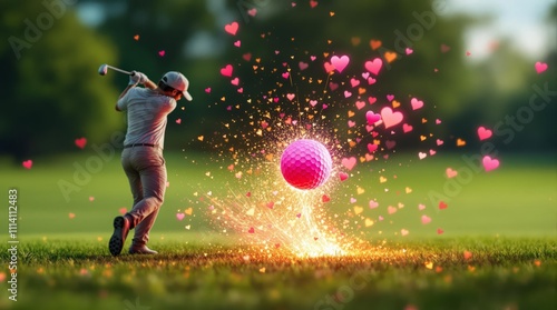 Obraz na płótnie Valentine's Day Golf Swing. A golfer hits a pink golf ball, creating a burst of hearts and sparkles, symbolizing love and passion for the sport. w salonie