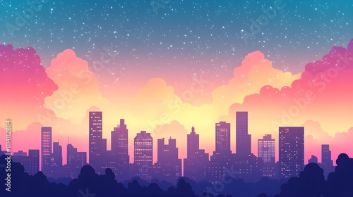 Anime aesthetic background, city skyline, pink and blue sky with clouds, light purple sky.