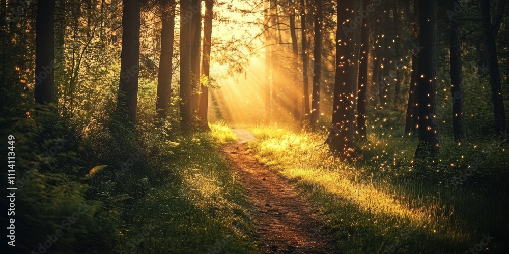 Fototapeta premium A dramatic forest at dusk, with tall trees casting long shadows, fireflies glowing softly, and a mysterious path winding through the scene. The enchanting setting feels magical and serene.