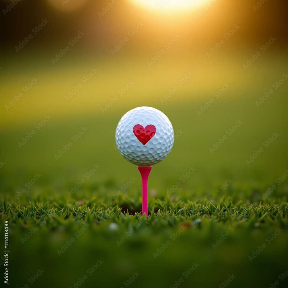 Love on the Green. A golf ball with a heart design sits on a tee at sunset.