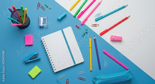 School supplies concept. Top view photo of colorful stationery open notebook pens pencil-case and mini stapler on bicolor blue and white background with blank space