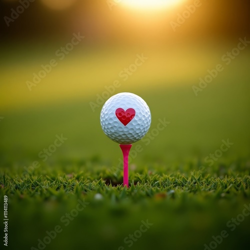 Obraz na płótnie Love on the Green. A golf ball with a heart design sits on a tee at sunset. w salonie