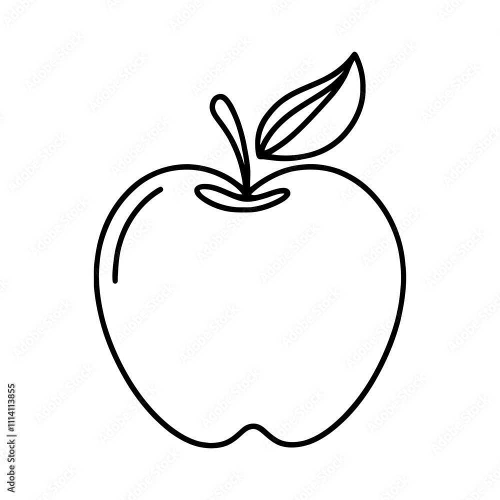 Simple black line drawing of an apple icon with a single leaf, isolated on a white background Simple black line drawing of an apple icon with a single leaf, isolated on a white background