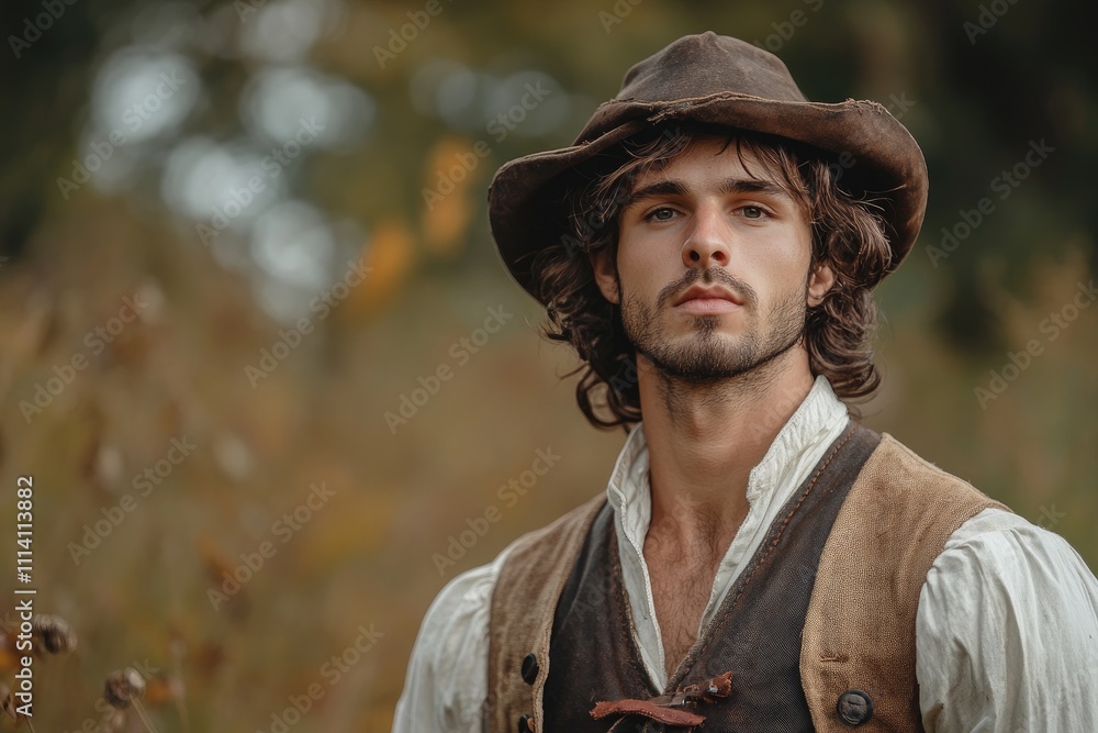 Obraz premium Young man wearing 18th century historical costume is posing outdoor