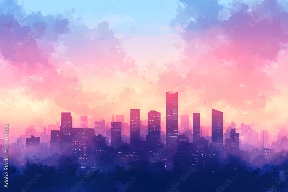 Anime aesthetic background, city skyline, pink and blue sky with clouds, light purple sky. Anime aesthetic background, city skyline, pink and blue sky with clouds, light purple sky.