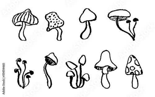 Set of fantasy mushrooms. Line art funny floral elements. Black chalk or pastel mushroom sketch collection in 1960s or 1970s style. Vector groovy icons in children style, drawn by crayon pencil.