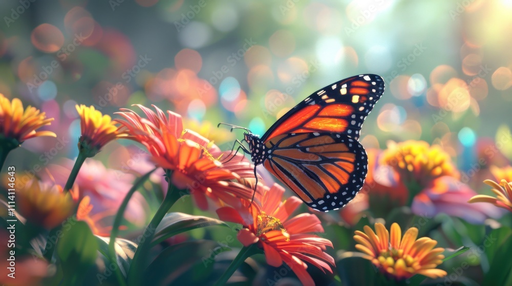 A vibrant butterfly perched on colorful flowers, capturing the beauty of nature. A vibrant butterfly perched on colorful flowers, capturing the beauty of nature.