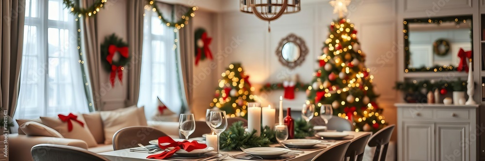 Christmas dinner table with elegant dishes and festive decorations, surrounded by a beautifully lit living room with a sparkling Christmas tree, dishes, Christmas tree Christmas dinner table with elegant dishes and festive decorations, surrounded by a beautifully lit living room with a sparkling Christmas tree, dishes, Christmas tree