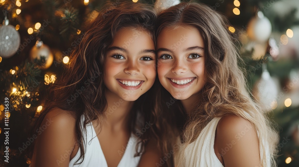Two smiling girls in white dresses sitting by Christmas tree Two smiling girls in white dresses sitting by Christmas tree