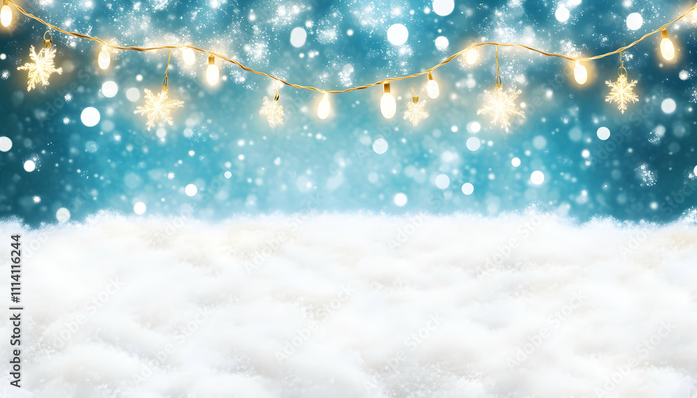 Festive winter scene with twinkling lights and snowflakes on a snowy background, perfect for Christmas or winter holiday cards and designs. Festive winter scene with twinkling lights and snowflakes on a snowy background, perfect for Christmas or winter holiday cards and designs.