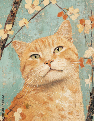 abstract painting of a cat made from branches and flowers, in the forest, soft pastel colors