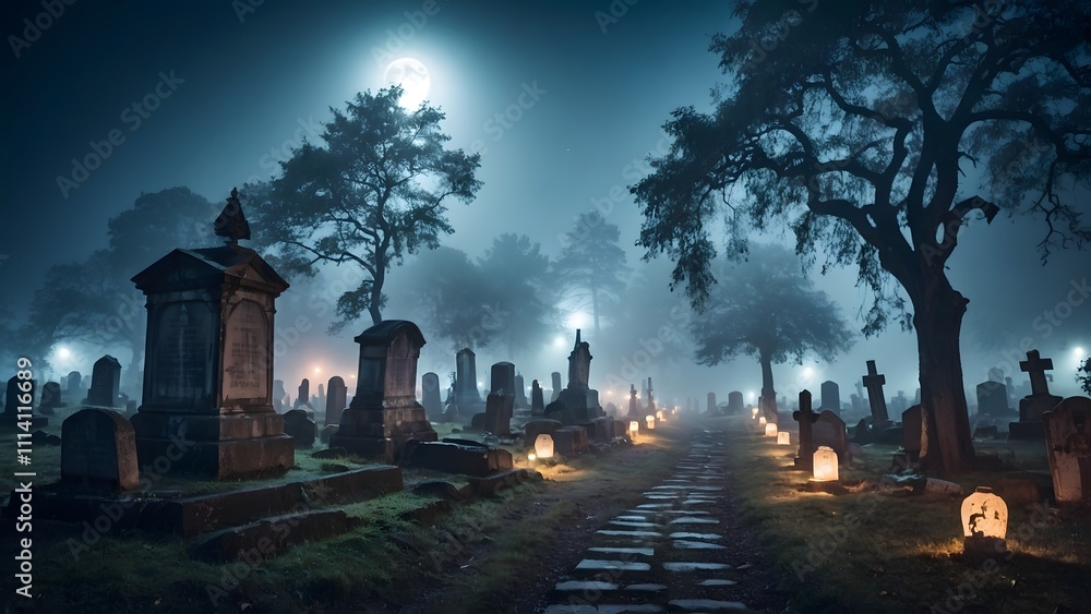 Eerie Nighttime View of a Misty Graveyard Illuminated by Lanterns Under a Full Moon Eerie Nighttime View of a Misty Graveyard Illuminated by Lanterns Under a Full Moon