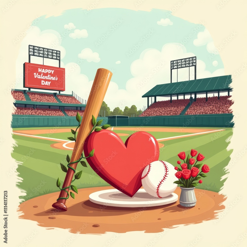 Baseball Stadium Valentine. Romantic baseball field illustration with red heart, baseball, bat with vines and roses under stadium scoreboard displaying Valentine's message.