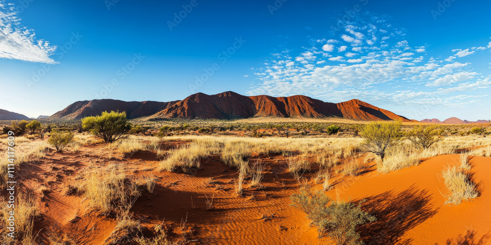 Fototapeta premium A dramatic desert plateau with towering sandstone formations, a clear blue sky above, and the red earth glowing warmly in the afternoon sun. The remote and vast setting feels timeless.