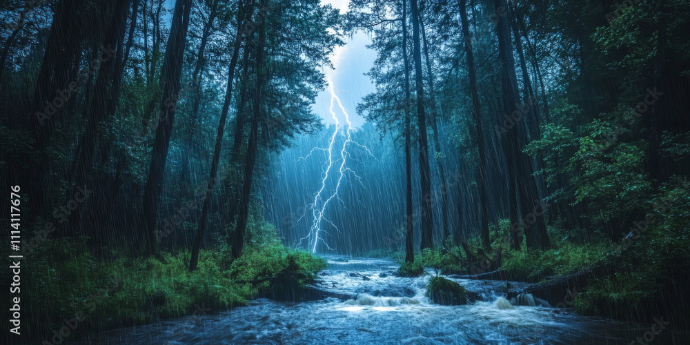 Fototapeta premium A dramatic forest scene during a thunderstorm, with lightning illuminating the dense trees, rain pouring down, and a rushing stream cutting through the undergrowth. The raw and powerful setting feels